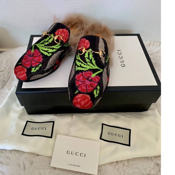 New Gucci Princetown fur Tapestry Brocade Fur Floral slippers flats - Picture 9 of 11
